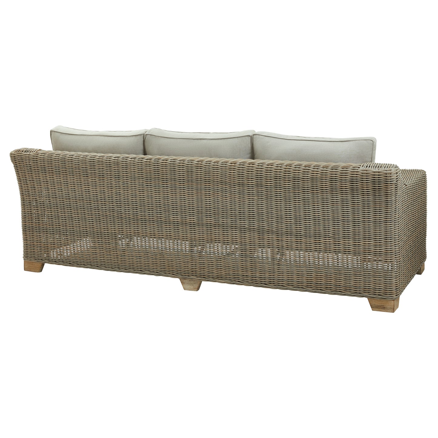 Hill Interiors Capri outdoor three seater sofa styled with outdoor cushions and accessories