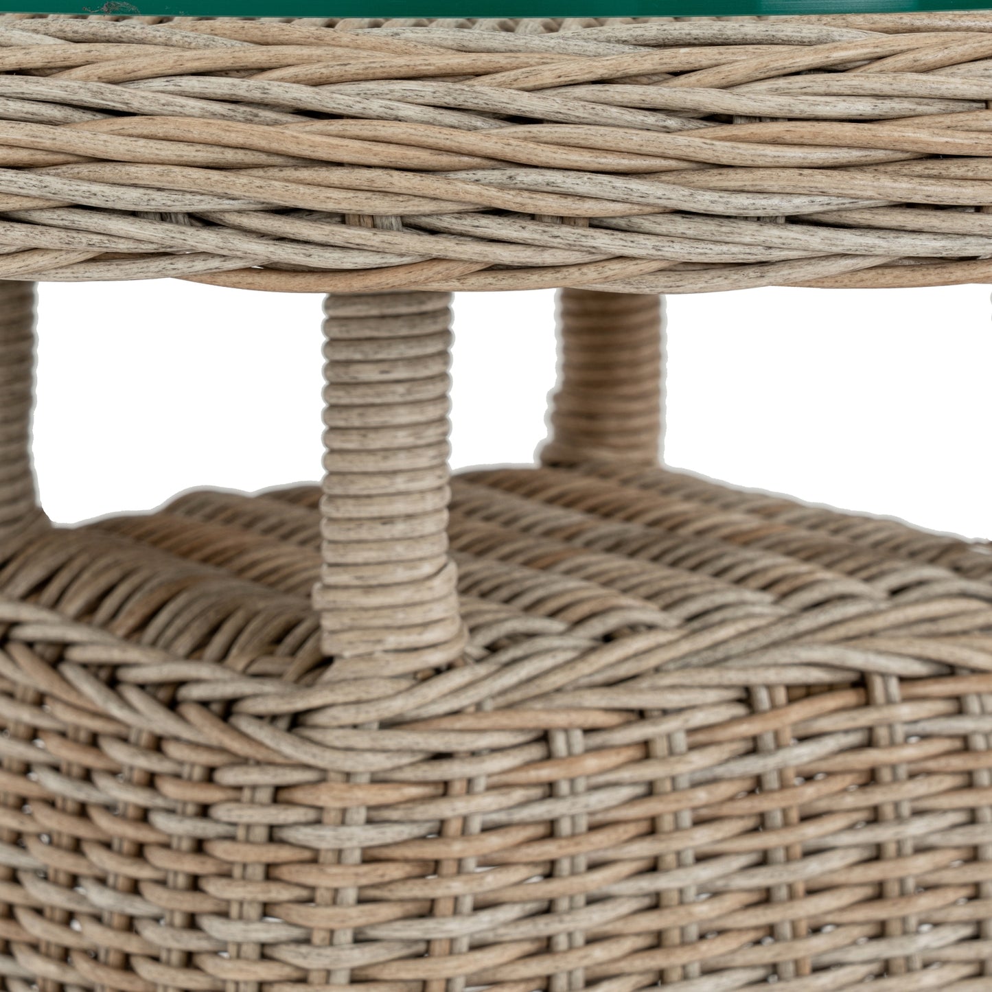 Side view of Hill Interiors Amalfi outdoor bistro table showing the wood top and metal frame