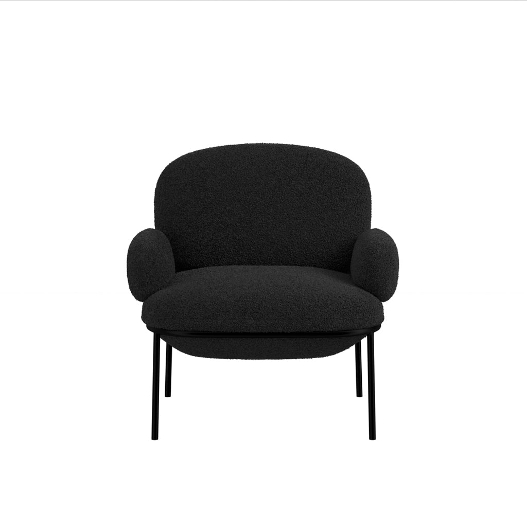 LPD Furniture Avery black sherpa fabric chair with matte black metal frame in a modern living room setting