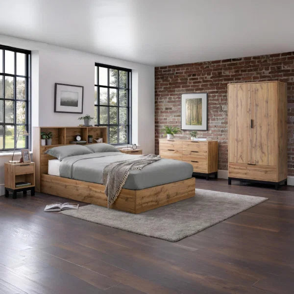 Bali Ottoman Bed – Natural Oak – Ottoman Storage with Bookcase Headboard