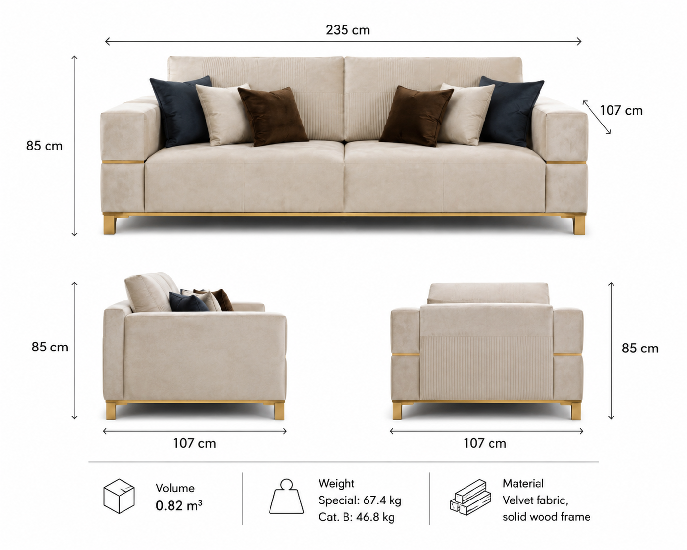 Beige velvet 3-seater sofa with solid wood frame, gold base accents, and dimensions 235 cm W × 107 cm D × 85 cm H.