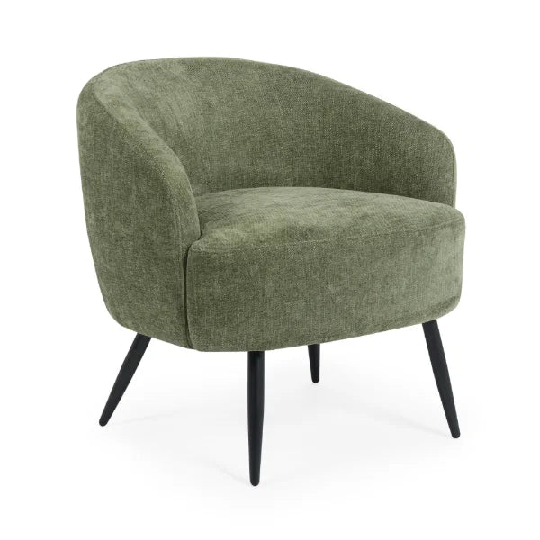 Dahlia olive green accent chair with curved backrest in a modern living room setting