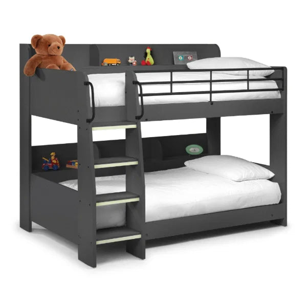 Domino Bunk Bed – Anthracite – Storage Shelving with Luminous Glow-in-the-Dark Ladder