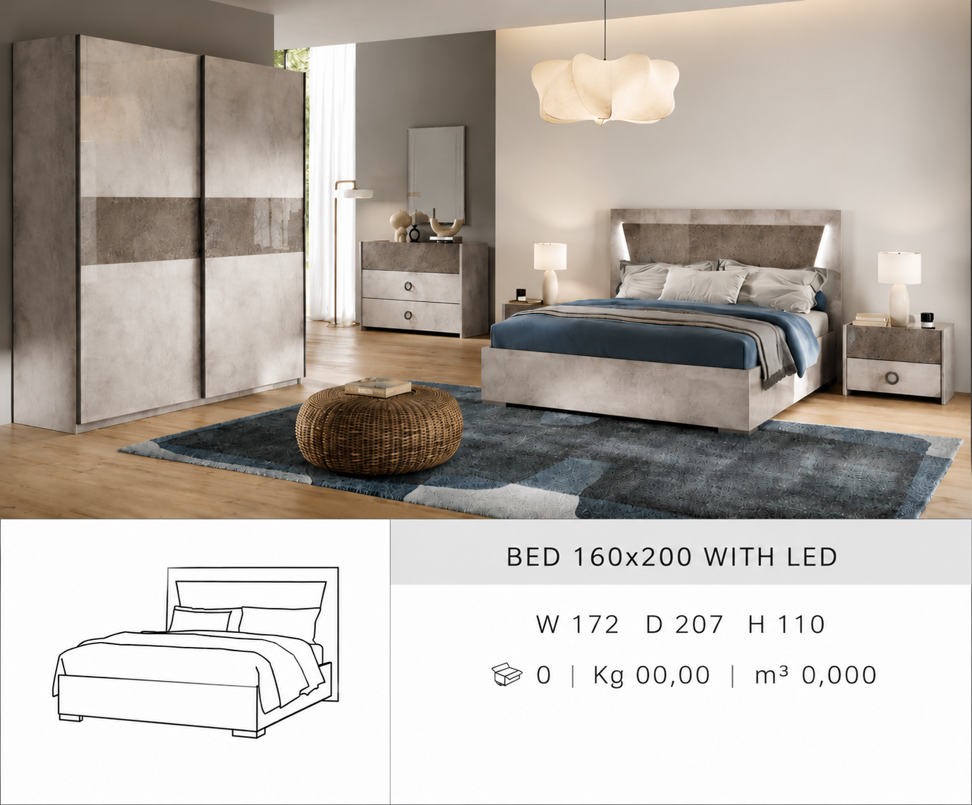 Double Bed with LED – Italian Design, 140x190 cm, Modern Headboard