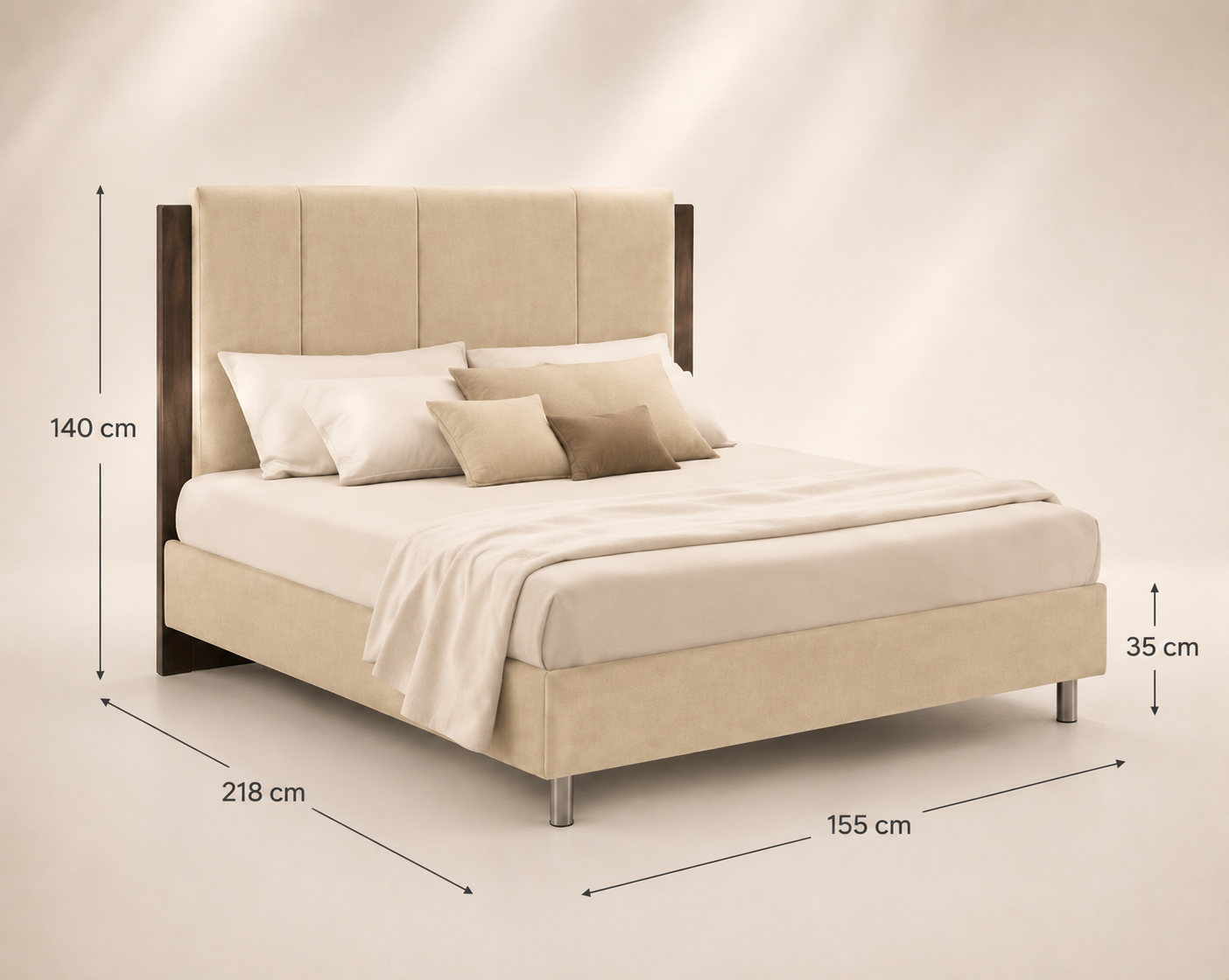 Grand Queen velvet bed in beige – Italian luxury design, elegant upholstered headboard, solid wood frame