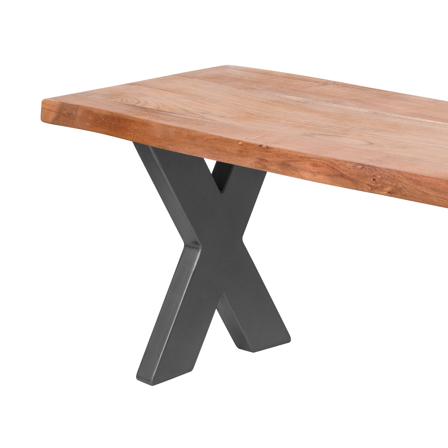 Hill Interiors Live Edge Collection bench from behind showing the metal cross-leg frame detail