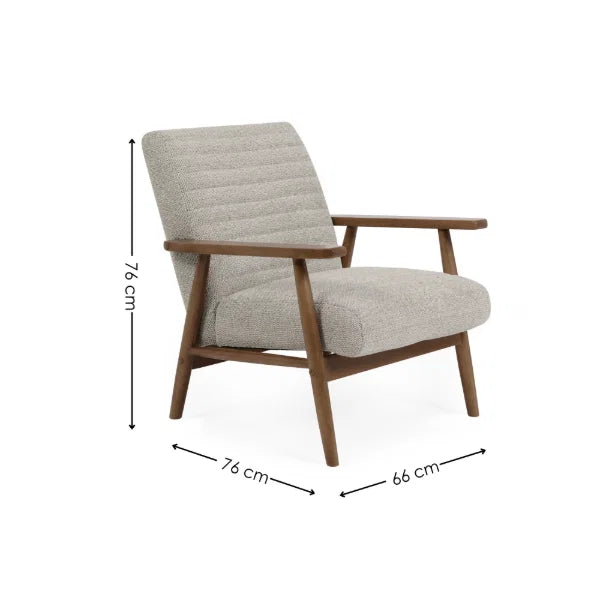 Ivy sand chenille tweed armchair in a modern living room or reading nook setting