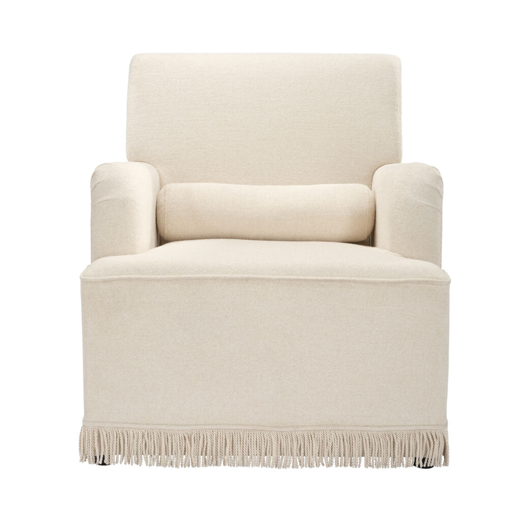 LPD Furniture Josephine crema fabric armchair with fringe trim and bolster cushion in a classic living room setting