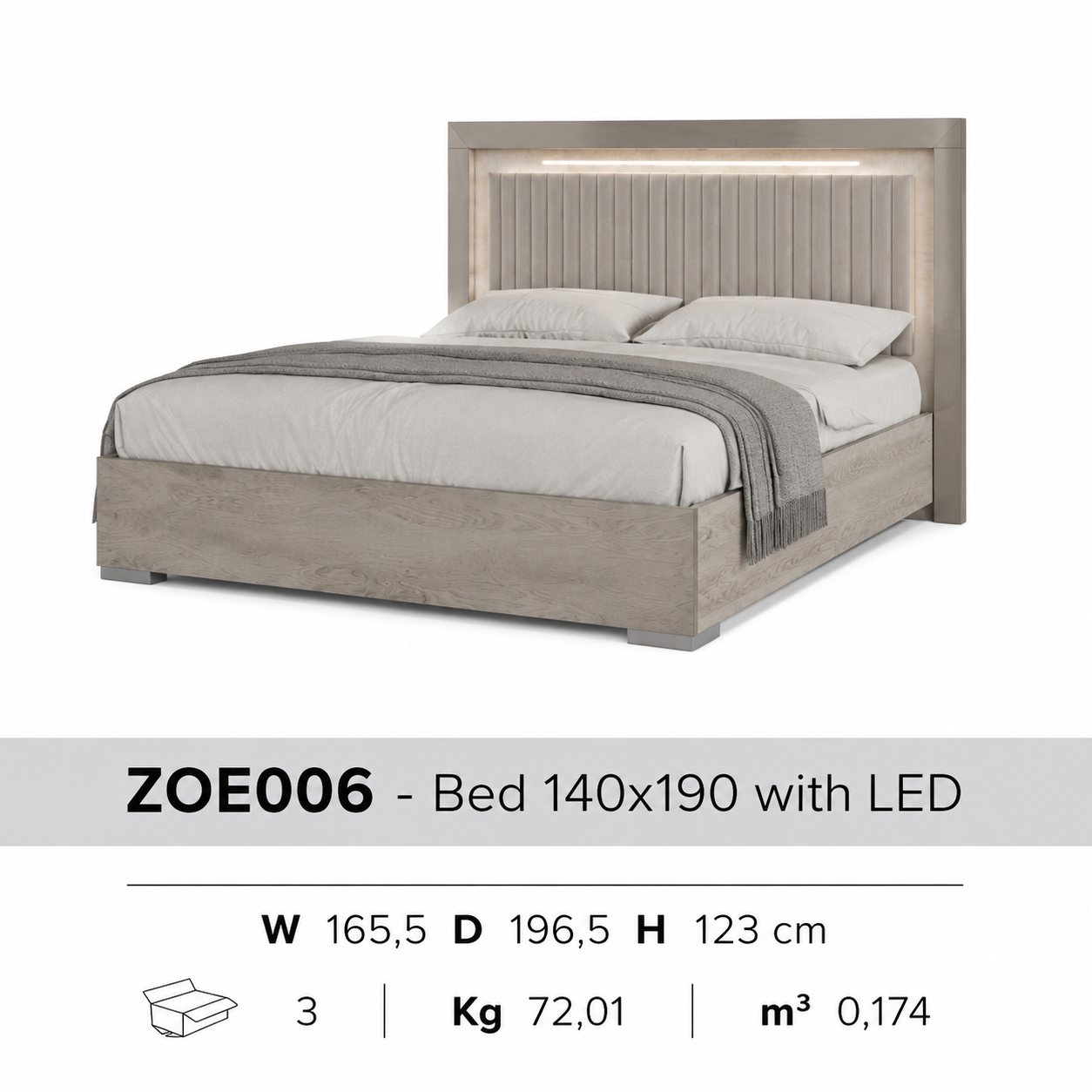LED double bed – side view, showing frame and LED lighting