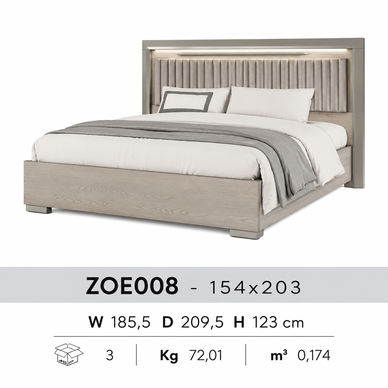 LED king bed – Italian design, 154x203 cm, modern headboard with LED lighting for elegant bedrooms