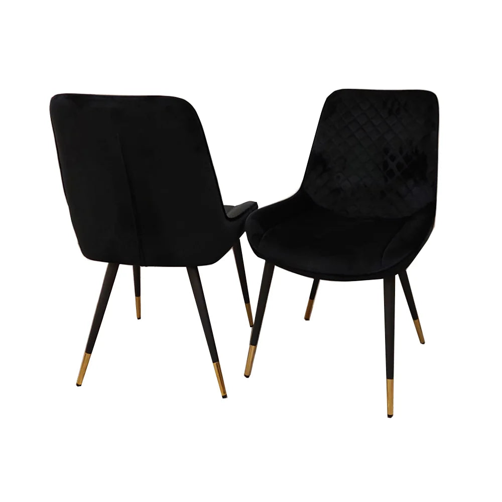 Furnish365 Luna black velvet dining chair in Scandinavian style with cross stitch back detail and gold tipped legs