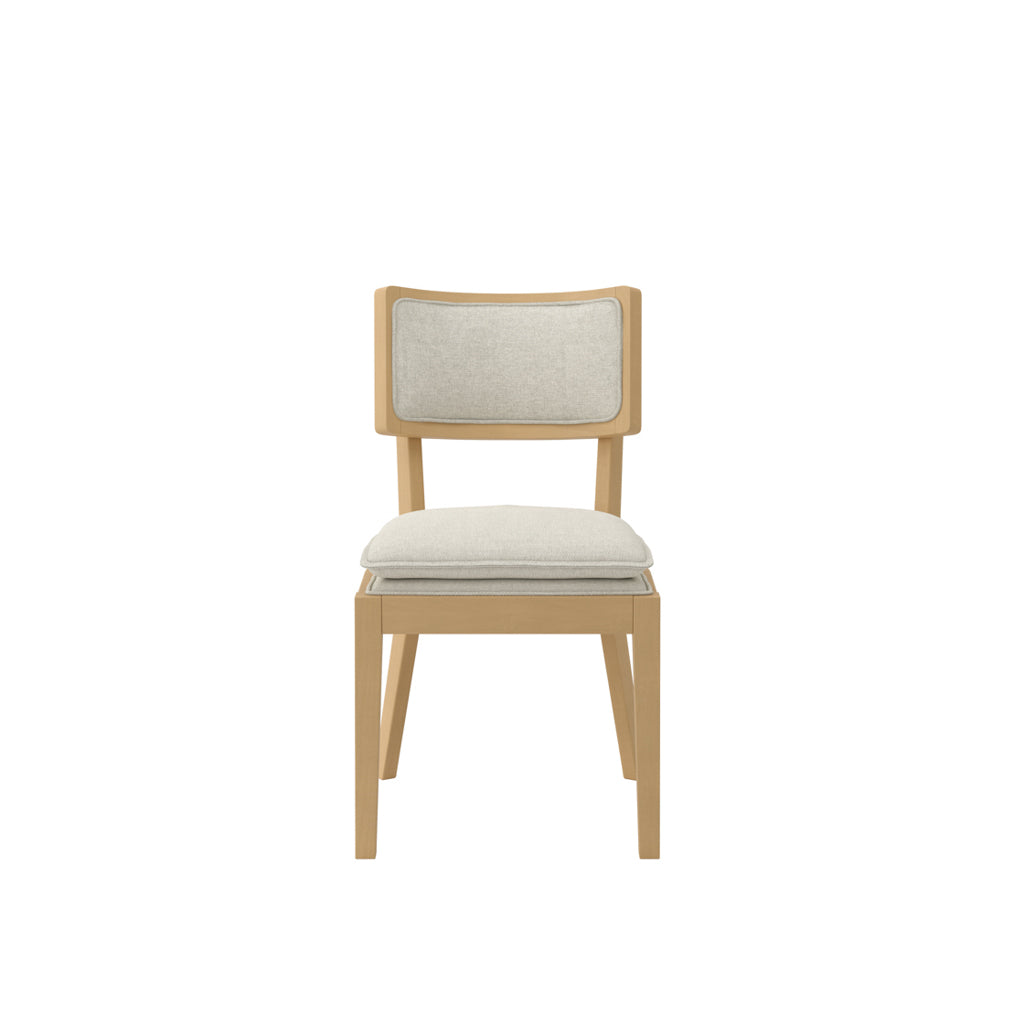 LPD Furniture Maggie frost woven fabric dining chair with umber wood frame in a modern dining setting