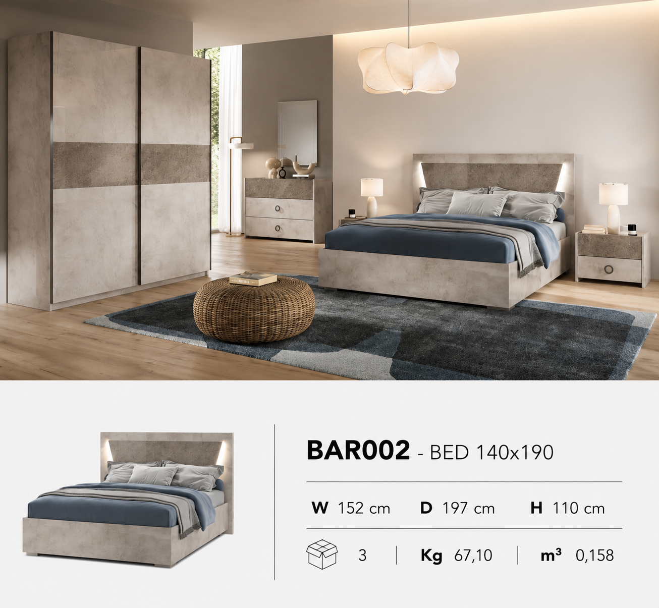 Modern LED double bed – Italian craftsmanship, 140x190 cm, sleek headboard with warm LED glow for contemporary bedrooms