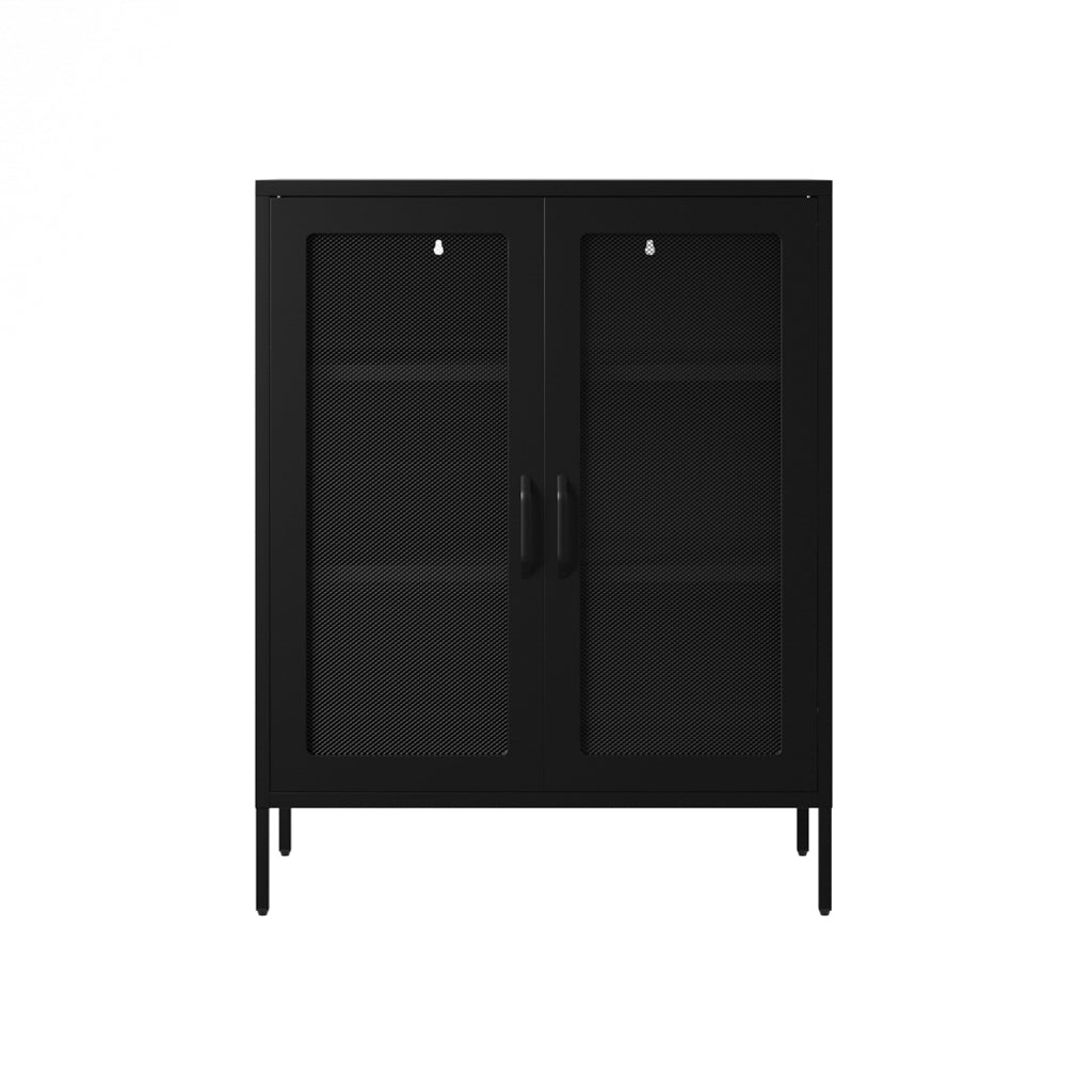 LPD Furniture Reuben matte black steel cabinet with mesh door panels in a modern interior setting