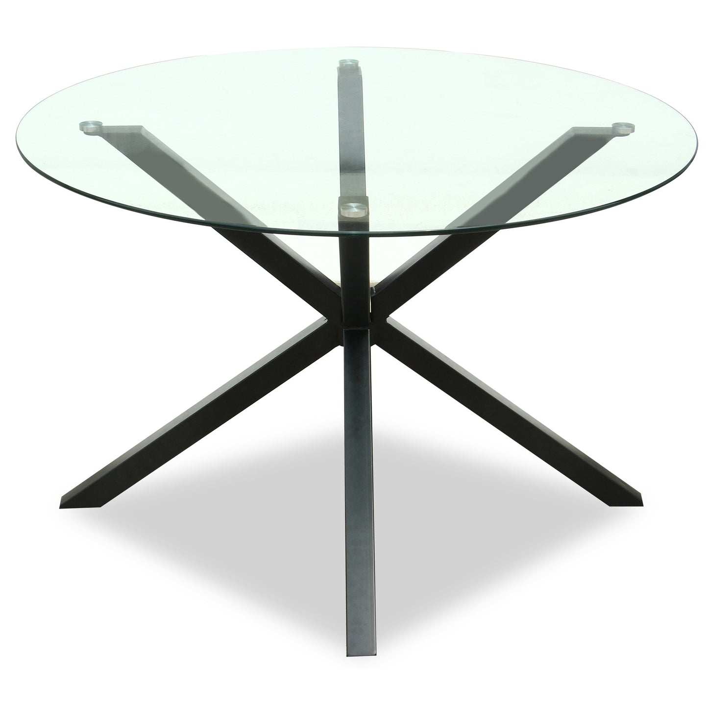 Side view of Hill Interiors Monza round glass dining table showing the chrome base and glass top