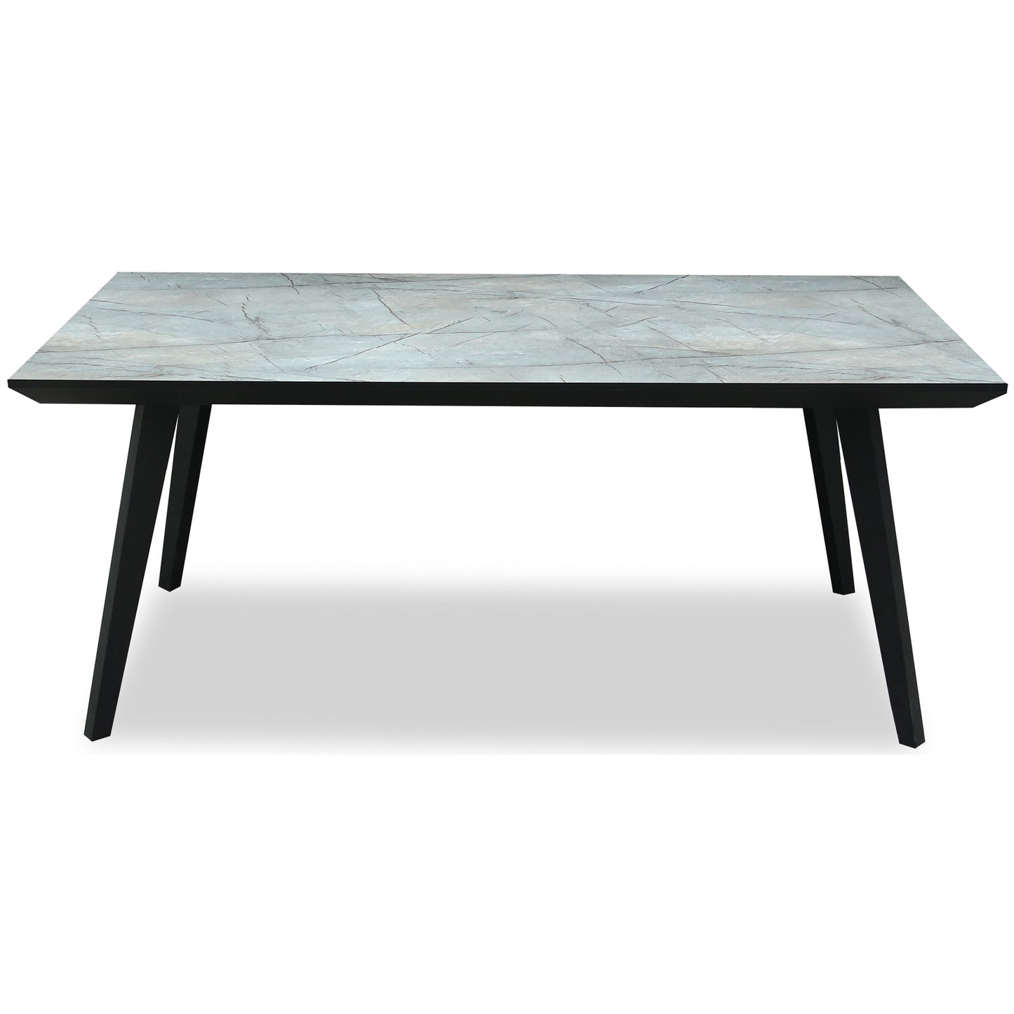 Side view of Hill Interiors Stellen rectangular dining table showing the wooden top and metal base