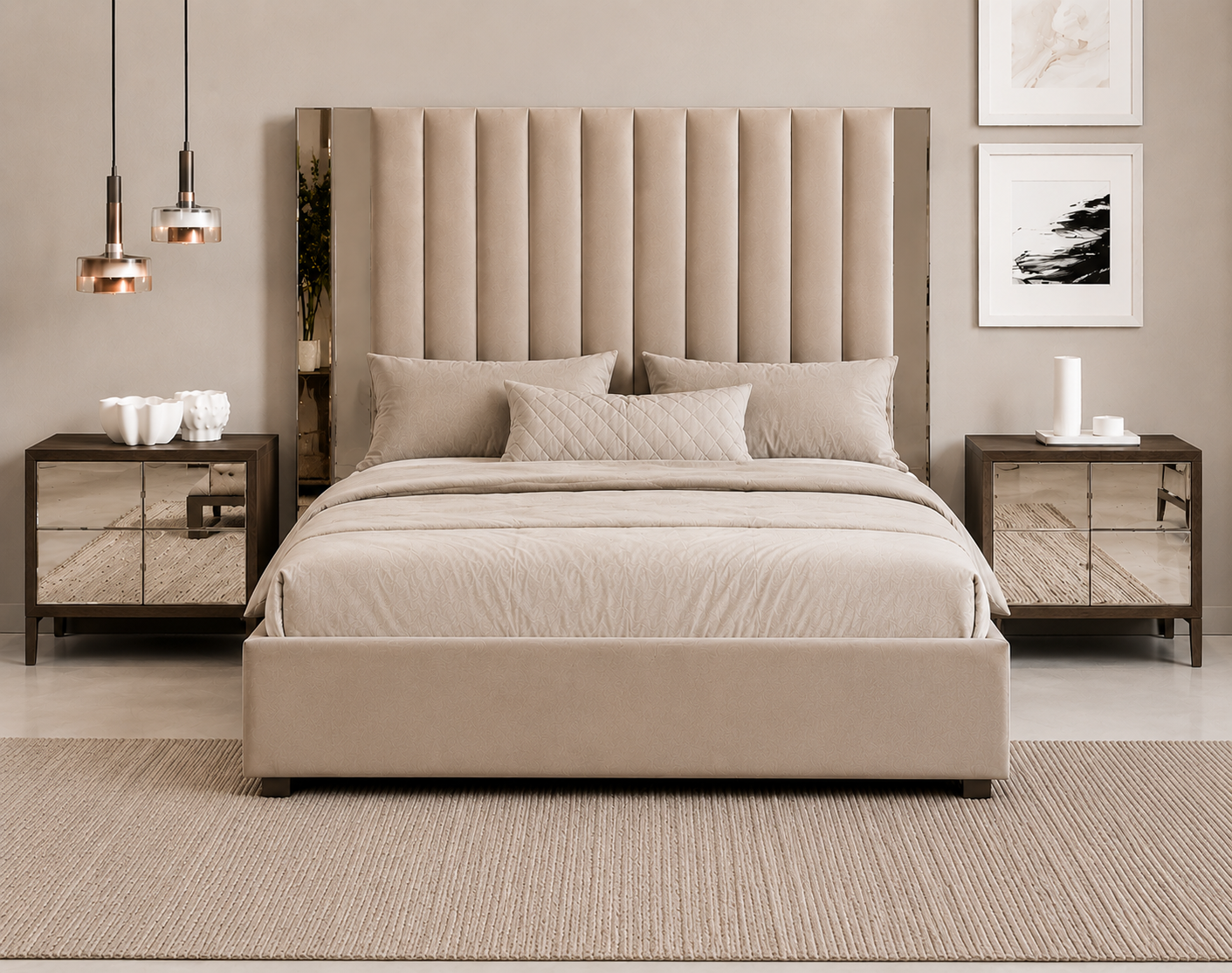 THEA Super Queen velvet bed in beige – Italian luxury design, 180 x 200 cm, elegant headboard