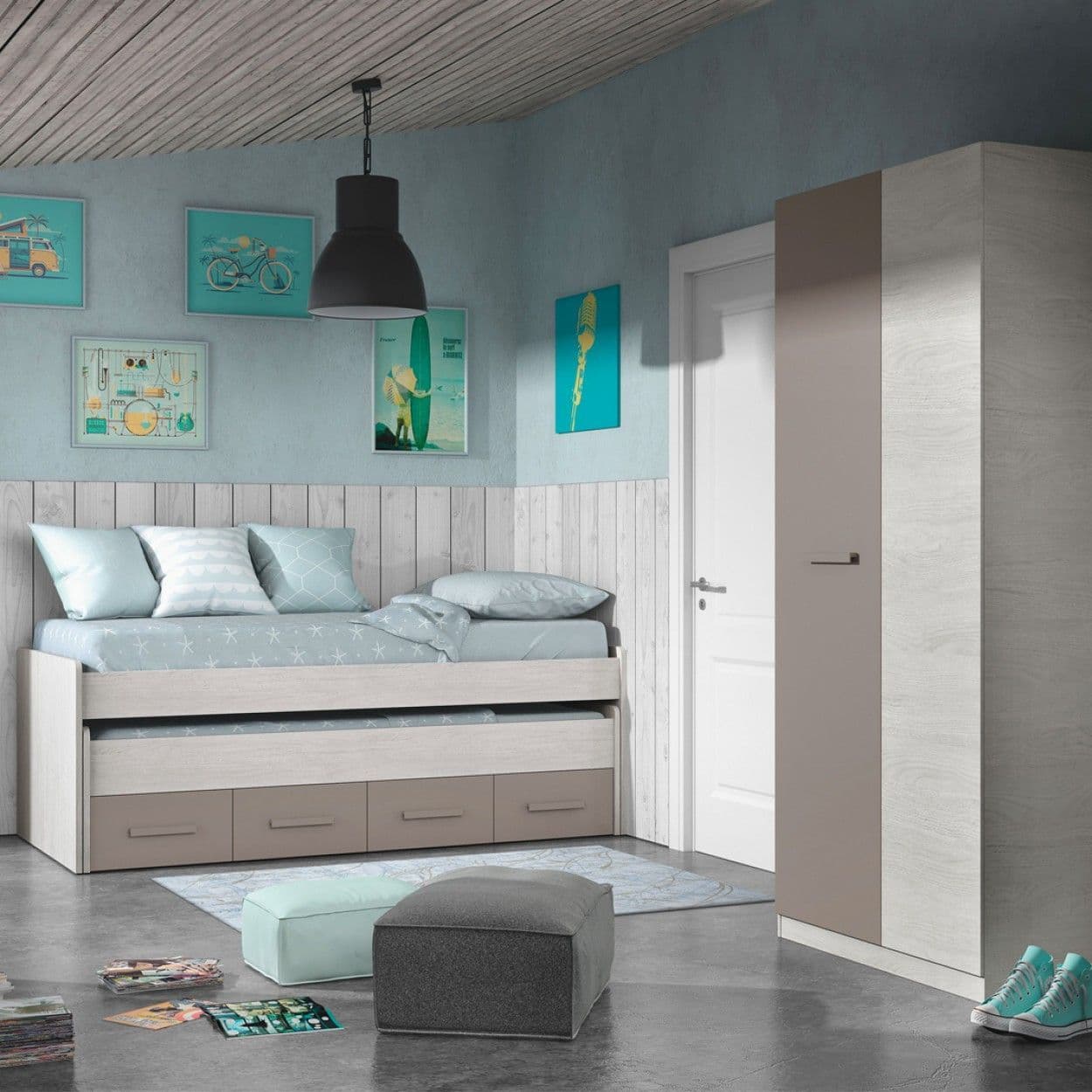 Amos Mann Furniture Almiron white and grey ash 2 door wardrobe in a modern bedroom setting