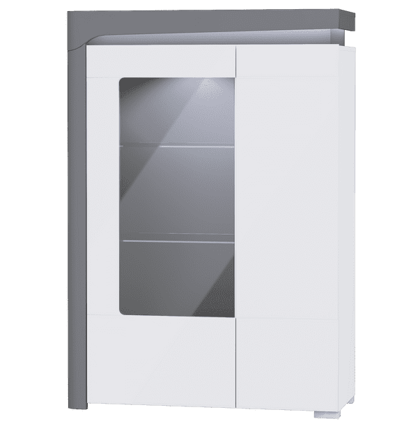 Amos Mann Furniture Athens grey and white gloss display cabinet with LED lights in a modern living room setting