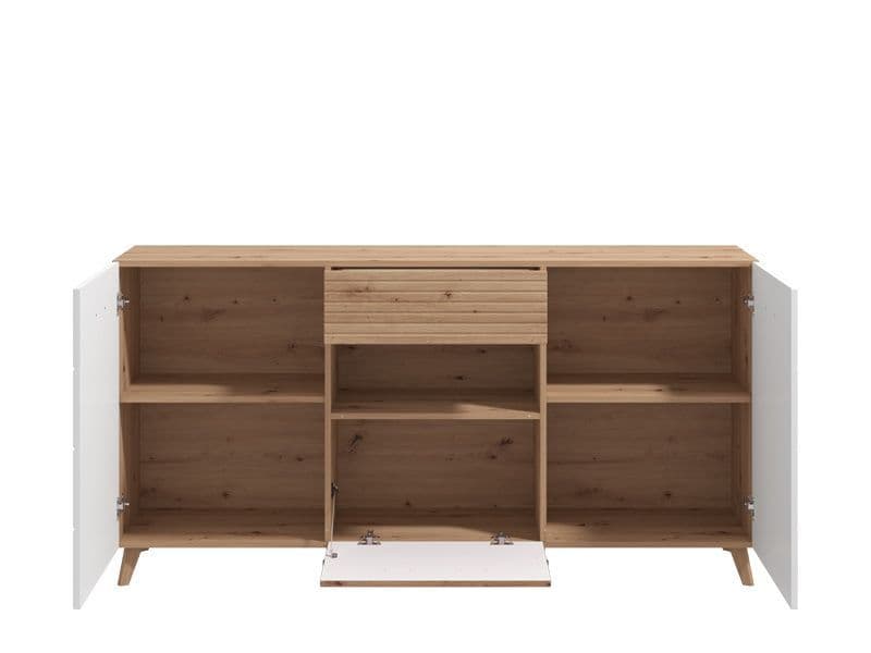 Amos Mann Furniture Bretanova artisan oak and white gloss sideboard in a modern living room setting