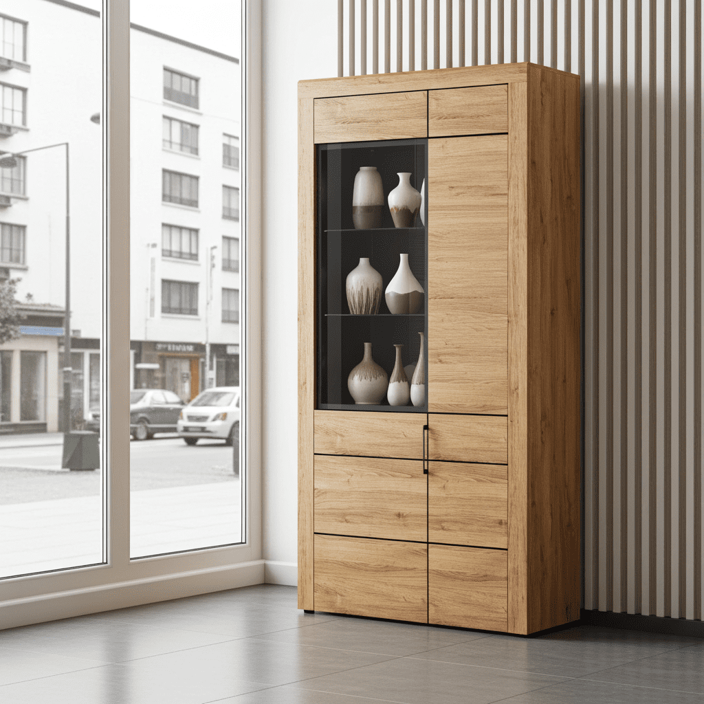 Amos Mann Furniture Camar oak effect large 2 door display cabinet with LED lights in a modern living room setting