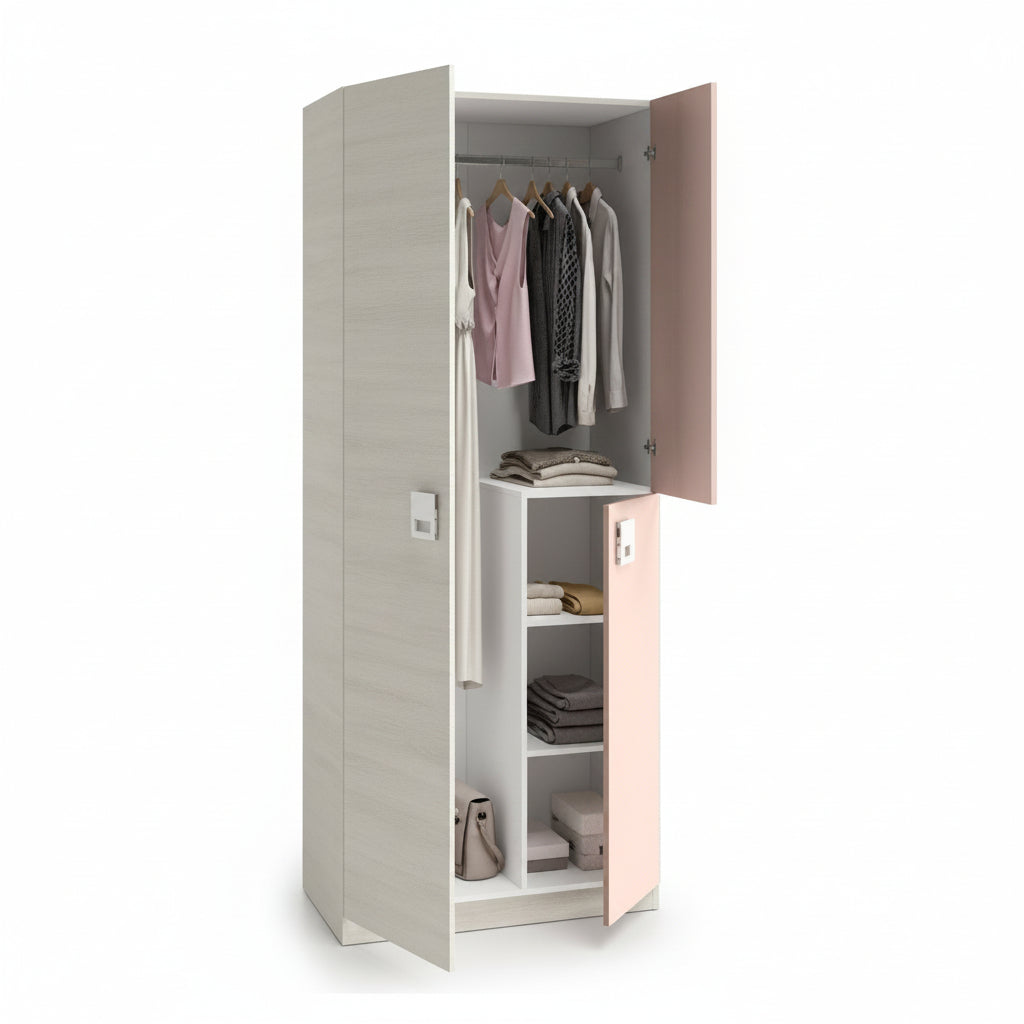 Amos Mann Furniture Carlos grey and pink 3 door slim narrow wardrobe in a modern bedroom setting