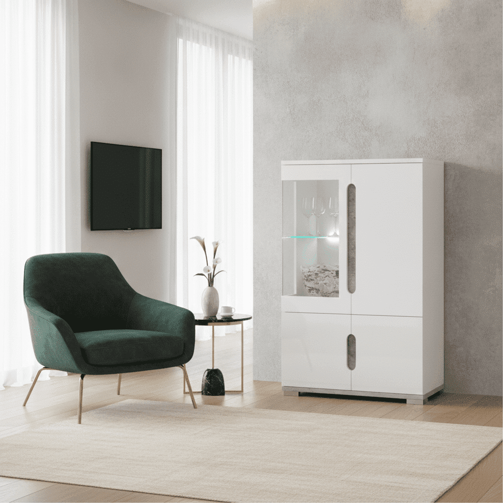 Amos Mann Furniture Elise white gloss and grey display cabinet with LED lights in a modern living room setting