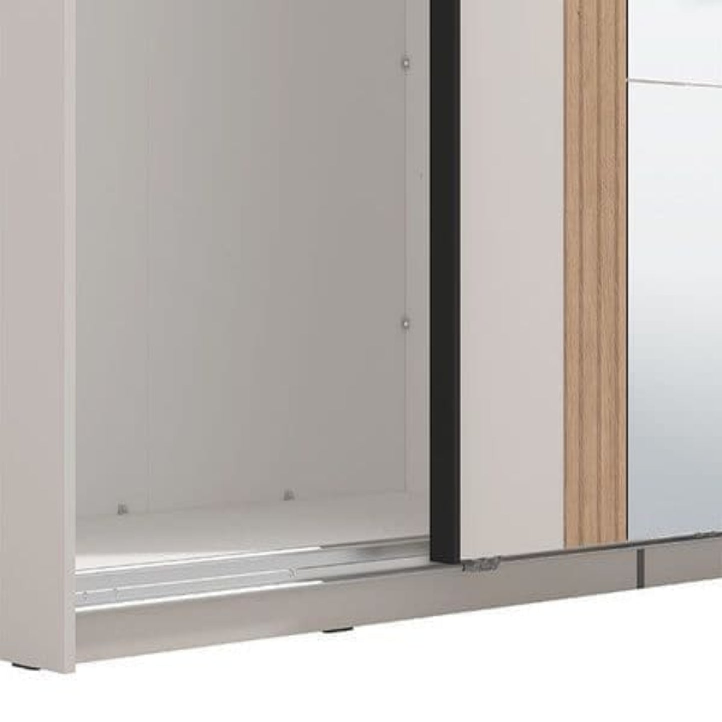 Amos Mann Furniture Granada cashmere and oak effect sliding mirrored wardrobe in a modern bedroom setting