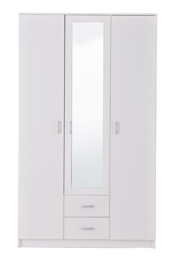 Amos Mann Furniture Kano white 3 door wardrobe with mirrored centre door in a modern bedroom setting