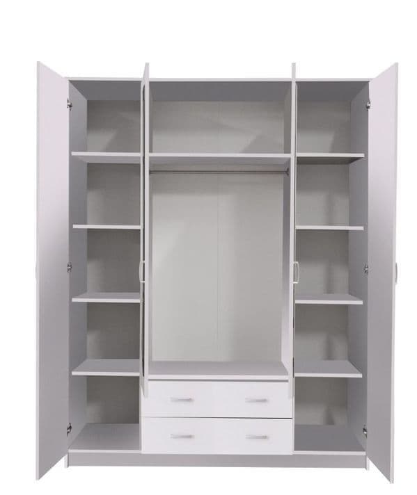 Amos Mann Furniture Kano white 4 door mirrored wardrobe in a modern bedroom setting