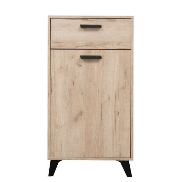 Amos Mann Furniture Kenzo grey oak sideboard with black legs in a modern living room setting