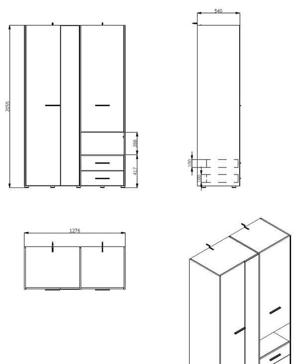 Amos Mann Furniture Limone grey oak 3 door wardrobe with mirror in a modern bedroom setting