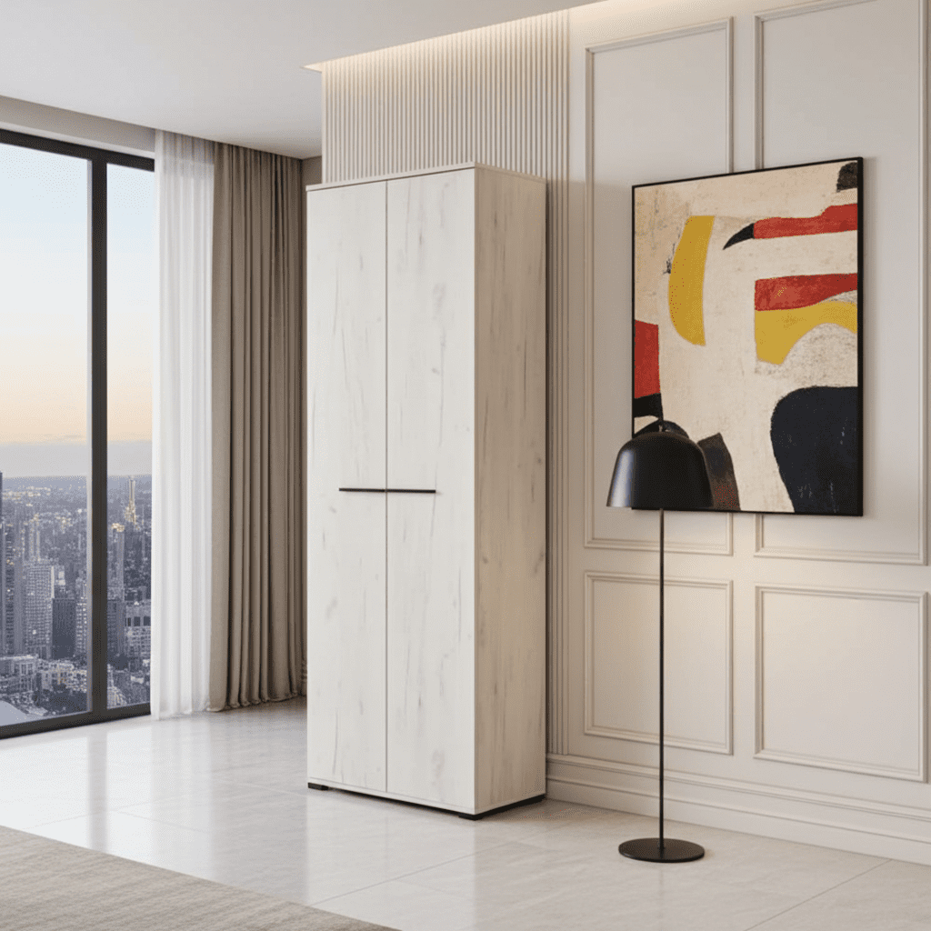 Amos Mann Furniture Lucerne oak narrow 2 door wardrobe in a modern compact bedroom setting