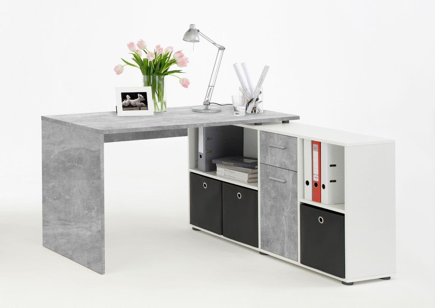 corner desk, flexi desk, reversible desk, concrete grey desk, white desk, home office desk, study desk, office furniture, adaptable desk, Amos Mann Furniture, Luiz desk