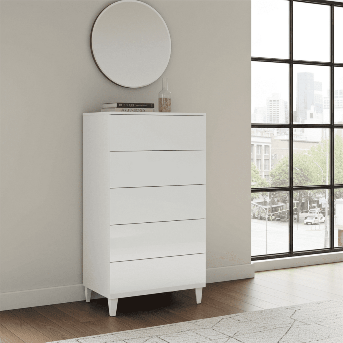 Amos Mann Furniture Madrid tall chest with drawers open showing the spacious storage