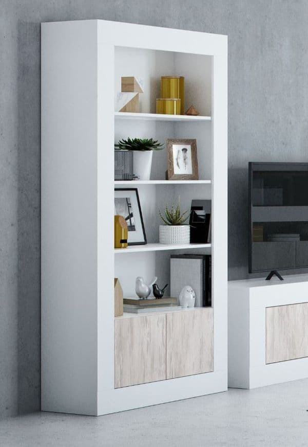 Amos Mann Furniture Montreal white and wood effect tall bookcase in a modern living room setting