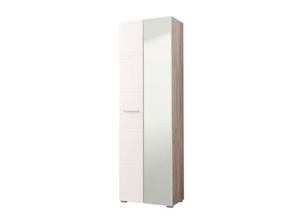 Amos Mann Furniture Myra white gloss and oak effect mirrored narrow wardrobe in a modern hallway setting