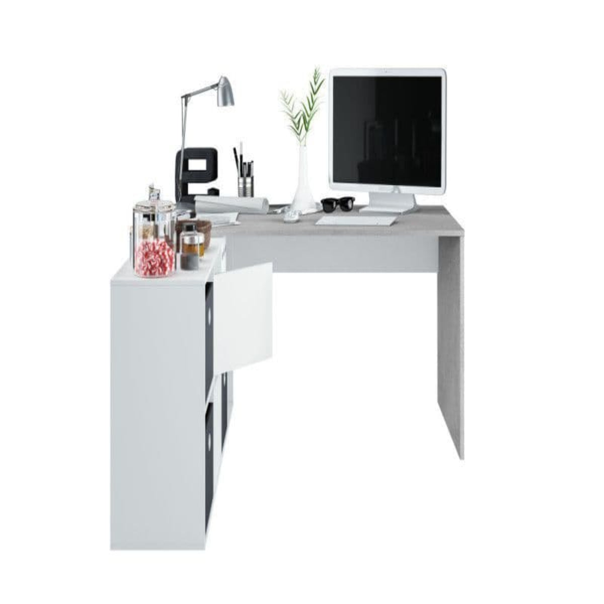 Amos Mann Furniture Pellegrini white and concrete grey flexi corner desk in a modern home office setting