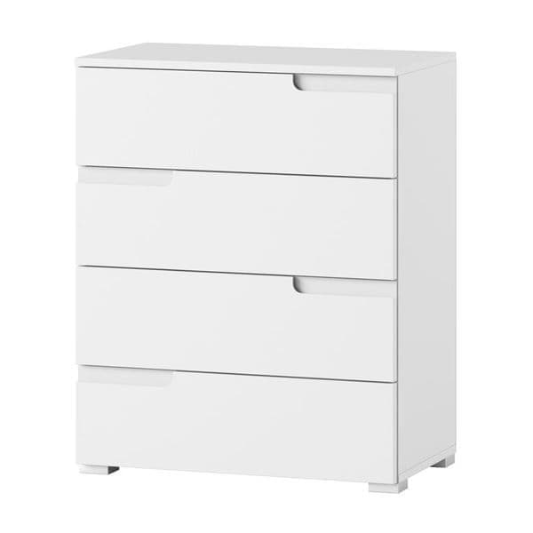 Lifestyle view of Amos Mann Furniture Santino white high gloss chest of drawers in a stylish contemporary interior