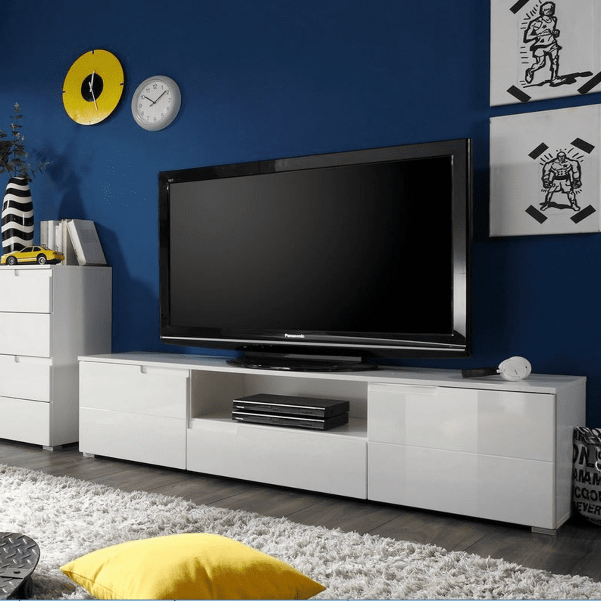 Amos Mann Furniture Santino white high gloss TV cabinet in a modern living room setting