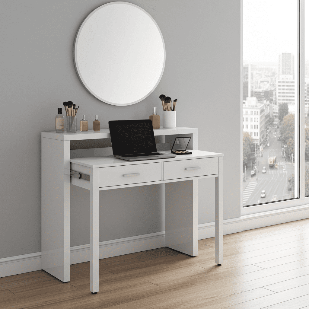Amos Mann Furniture Turin artic white extending desk in a modern bedroom setting