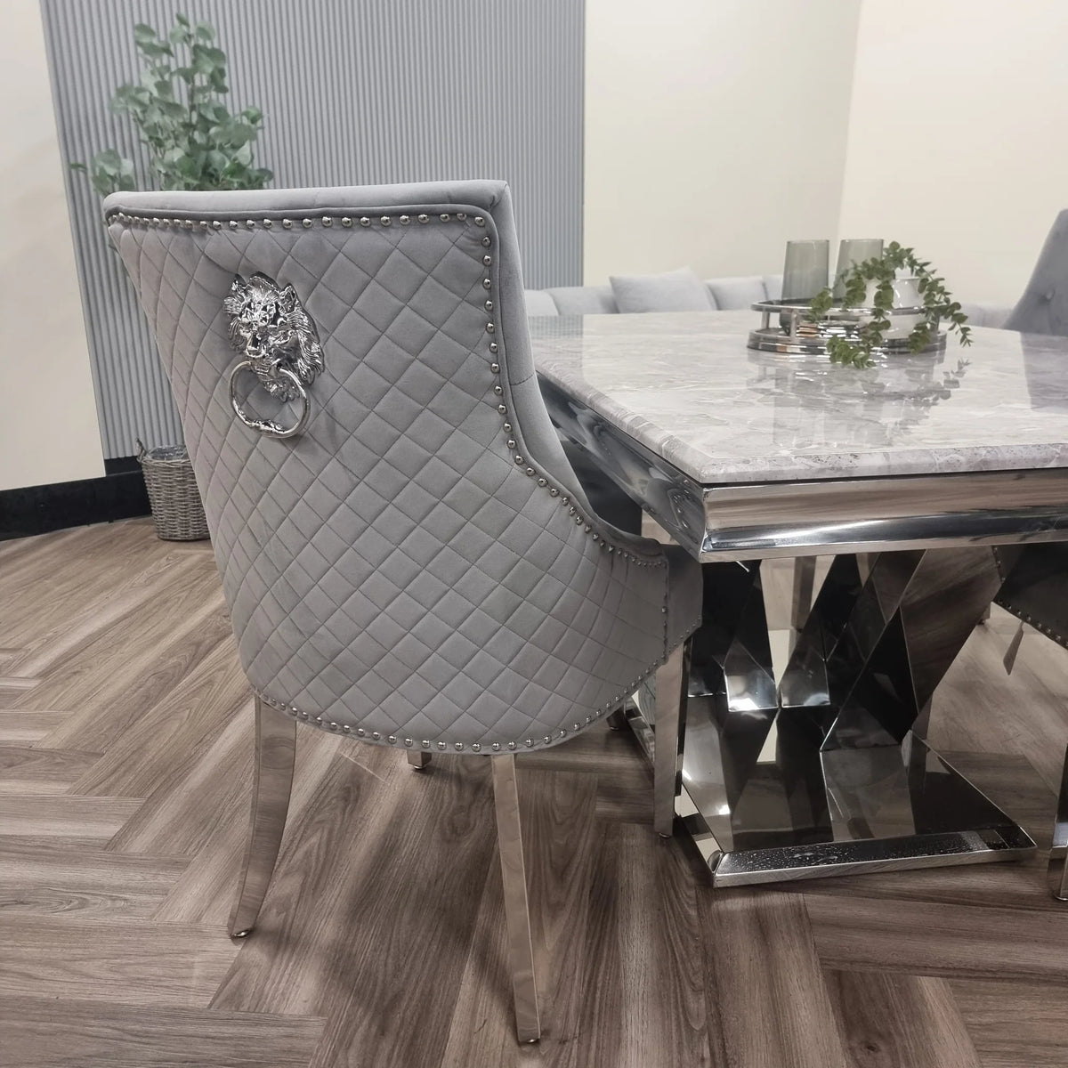 Bentley Velvet Dining Chair – Quilted Back with Chrome Lion Knocker | Furnish365