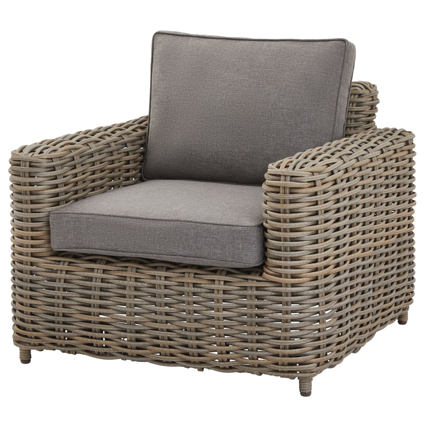 Side view of Hill Interiors Amalfi outdoor four seater set showing the beige fabric and metal frame