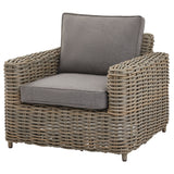 Side view of Hill Interiors Amalfi outdoor four seater set showing the beige fabric and metal frame