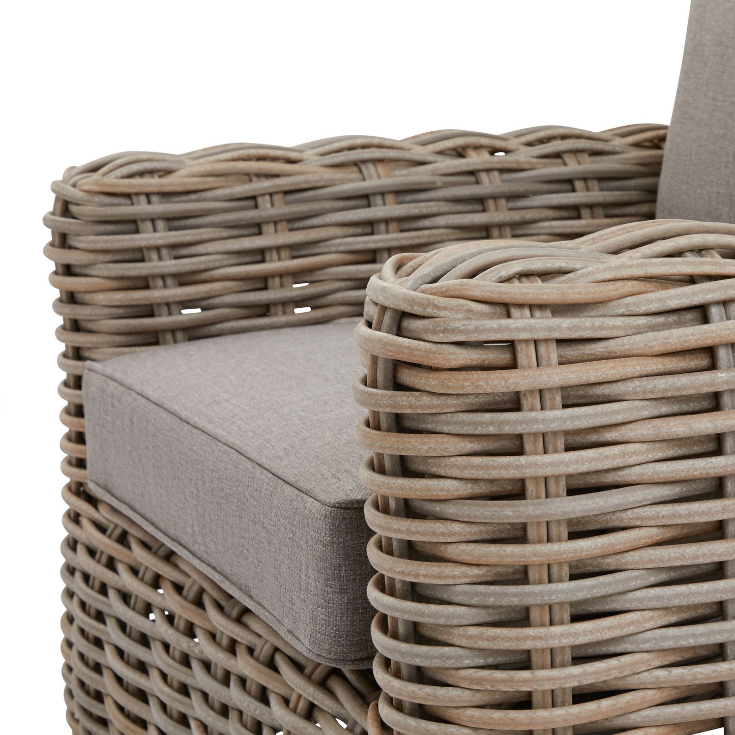 Close-up of Hill Interiors Amalfi outdoor set showcasing the synthetic fabric texture and stitching details