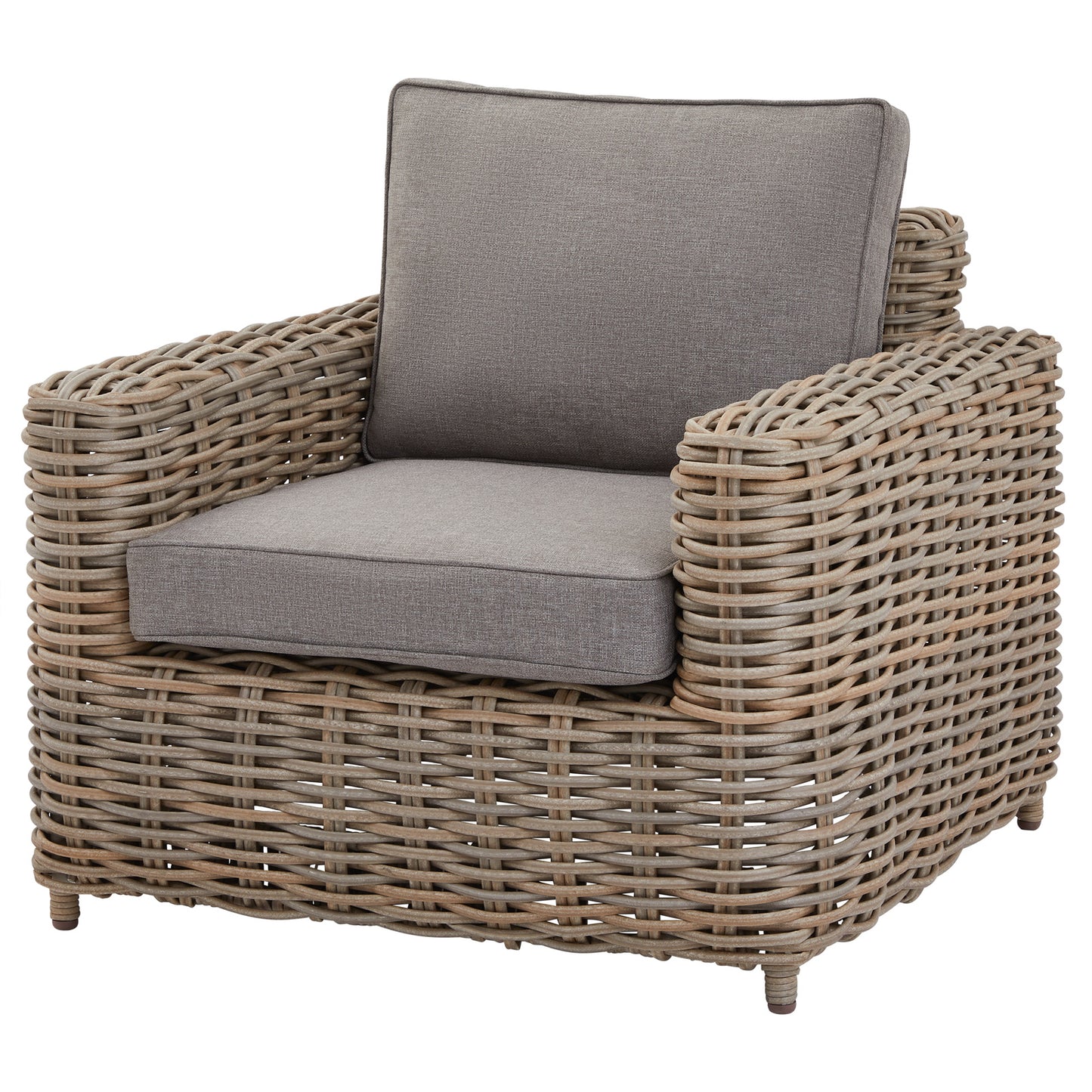 	Side view of Hill Interiors Amalfi outdoor five seater set showing the beige fabric and metal frame