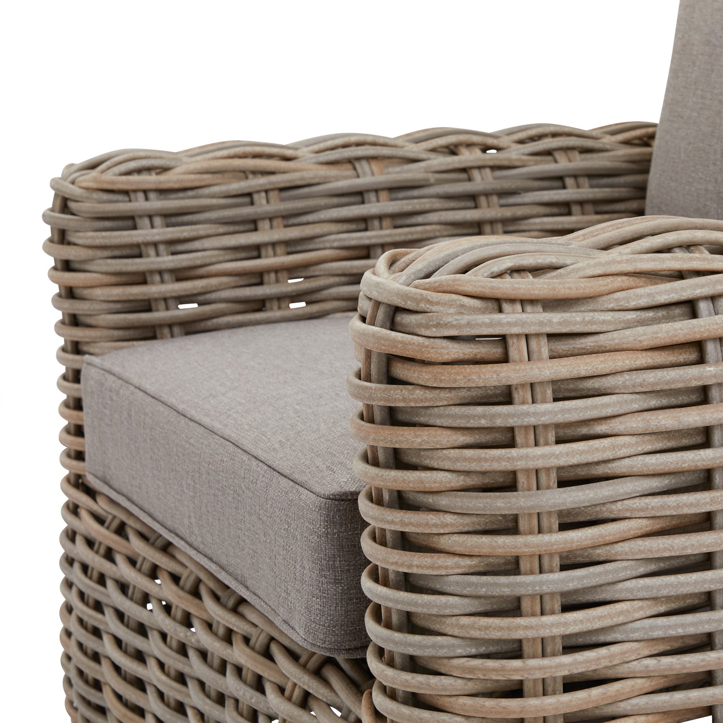 Close-up of Hill Interiors Amalfi outdoor set showcasing the synthetic fabric texture and stitching details