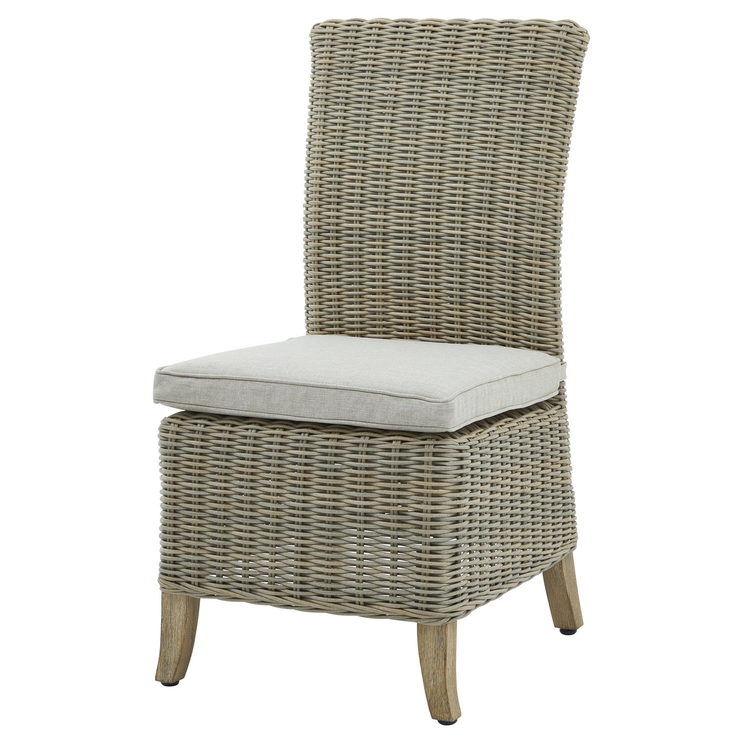 Side view of Hill Interiors Capri outdoor dining chair showing the beige fabric and metal frame