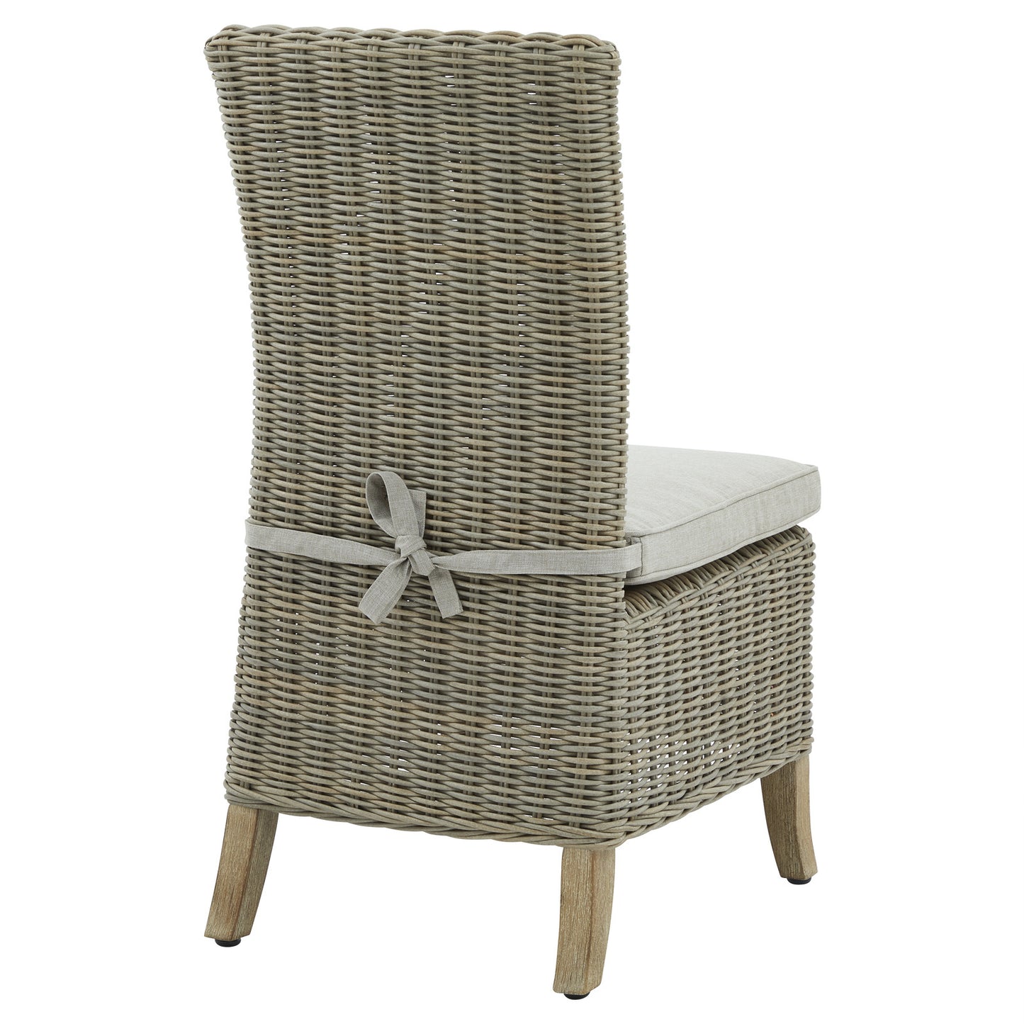 Close-up of Hill Interiors Capri outdoor dining chair showcasing the synthetic fabric texture and stitching details