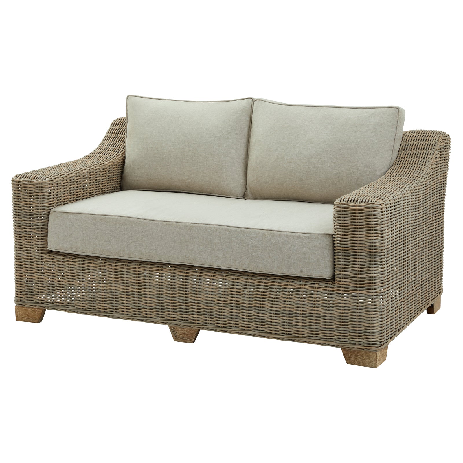 Side view of Hill Interiors Capri outdoor two seater sofa showing the beige fabric and metal frame
